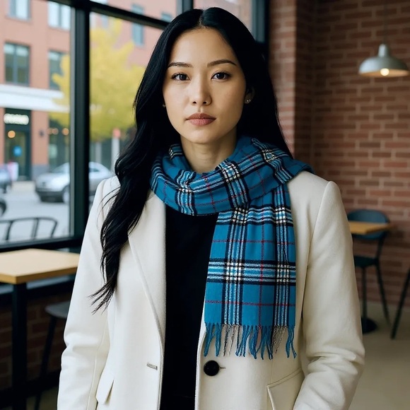 CASHMERE Turquoise Blue Black Check Plaid Fringe Scarf R $128 - Picture 1 of 4